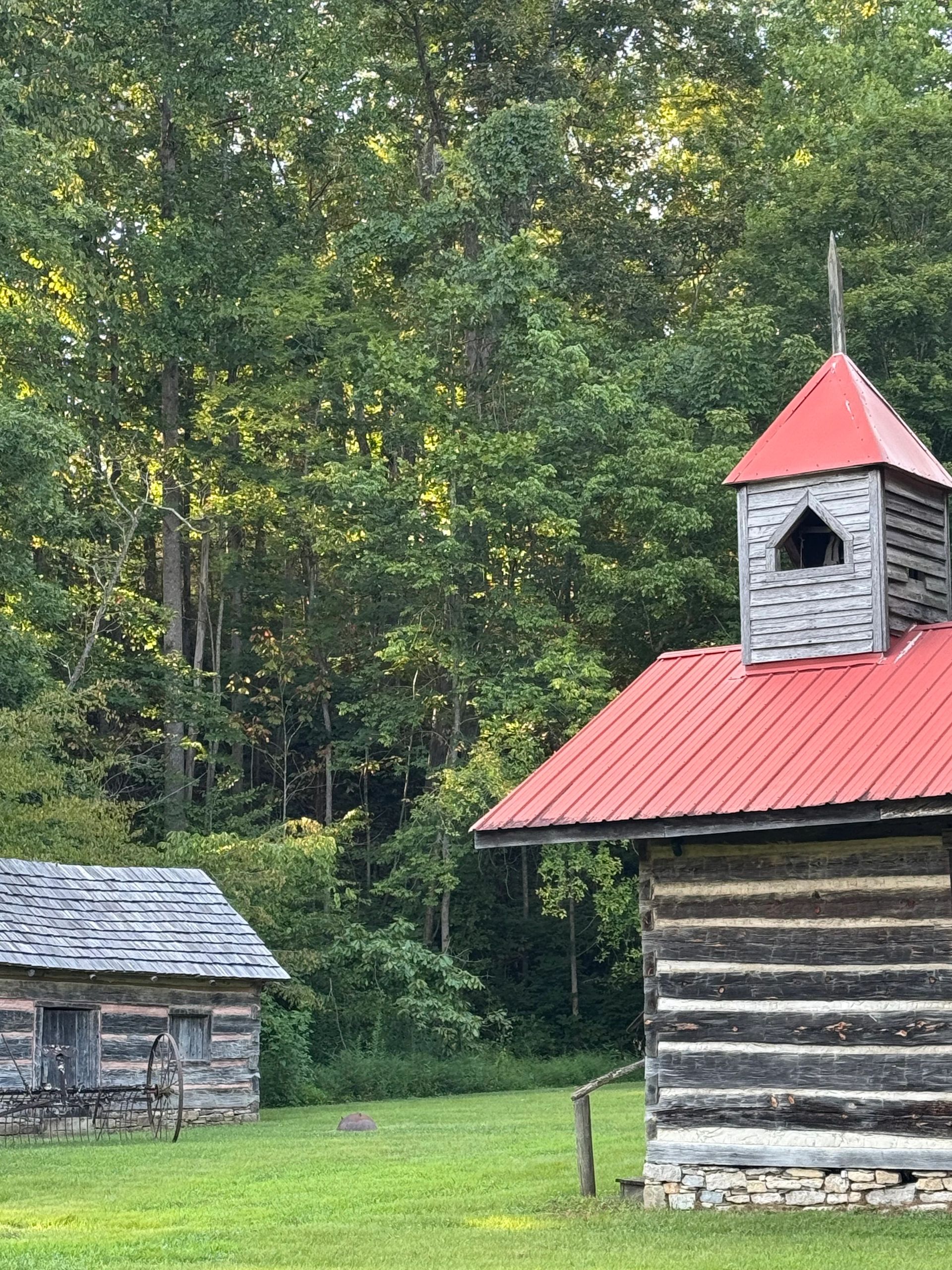 Rustic log cabins with red and gray roofs set in a lush green forest clearing.