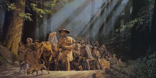 Pioneers journey through a sunlit forest with determination and hope.