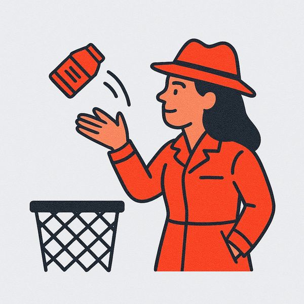 Woman in red coat and hat tossing a bottle into a wastebasket.