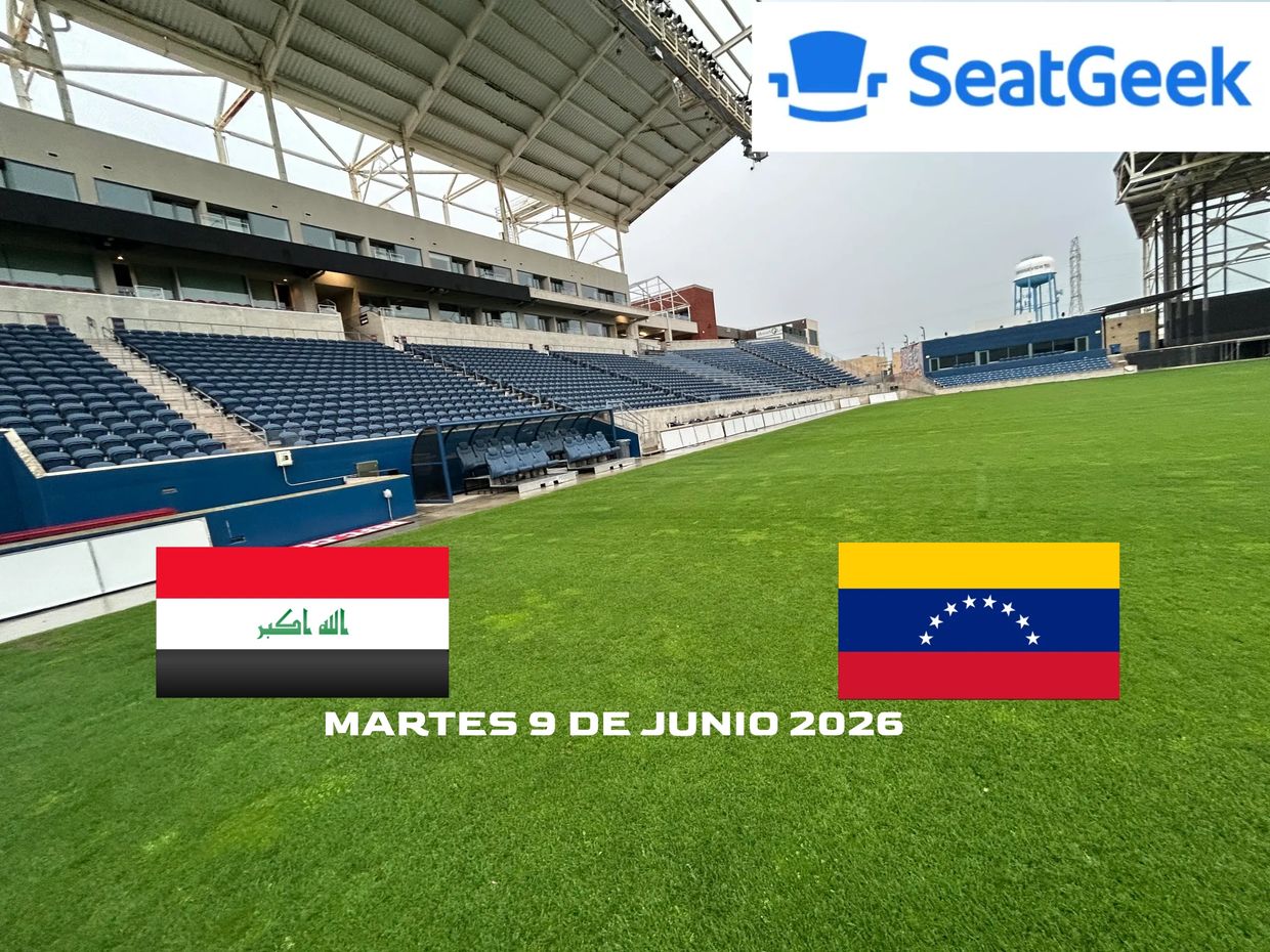A soccer stadium with flags of Iraq and Venezuela, date June 9, 2026, and SeatGeek logo.