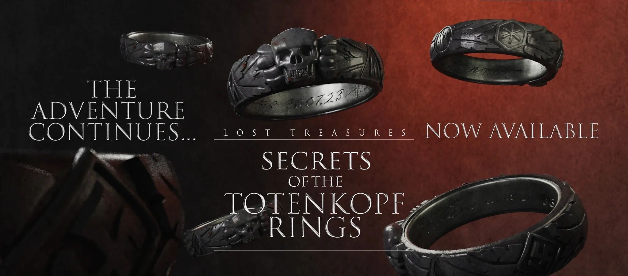 Falling rings advertising Secrets of the Totenkopf Rings in the Lost Treasures series.  