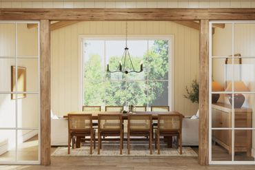 Open concept with dedicated space feel dining room with natural light, custom seating, and modern co