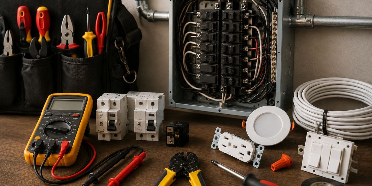 Electrical tools and circuit breaker panel on a table.