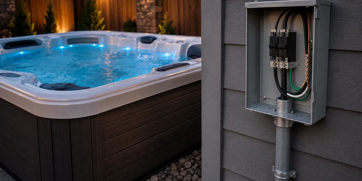 Outdoor hot tub beside an electrical panel on a house exterior.
