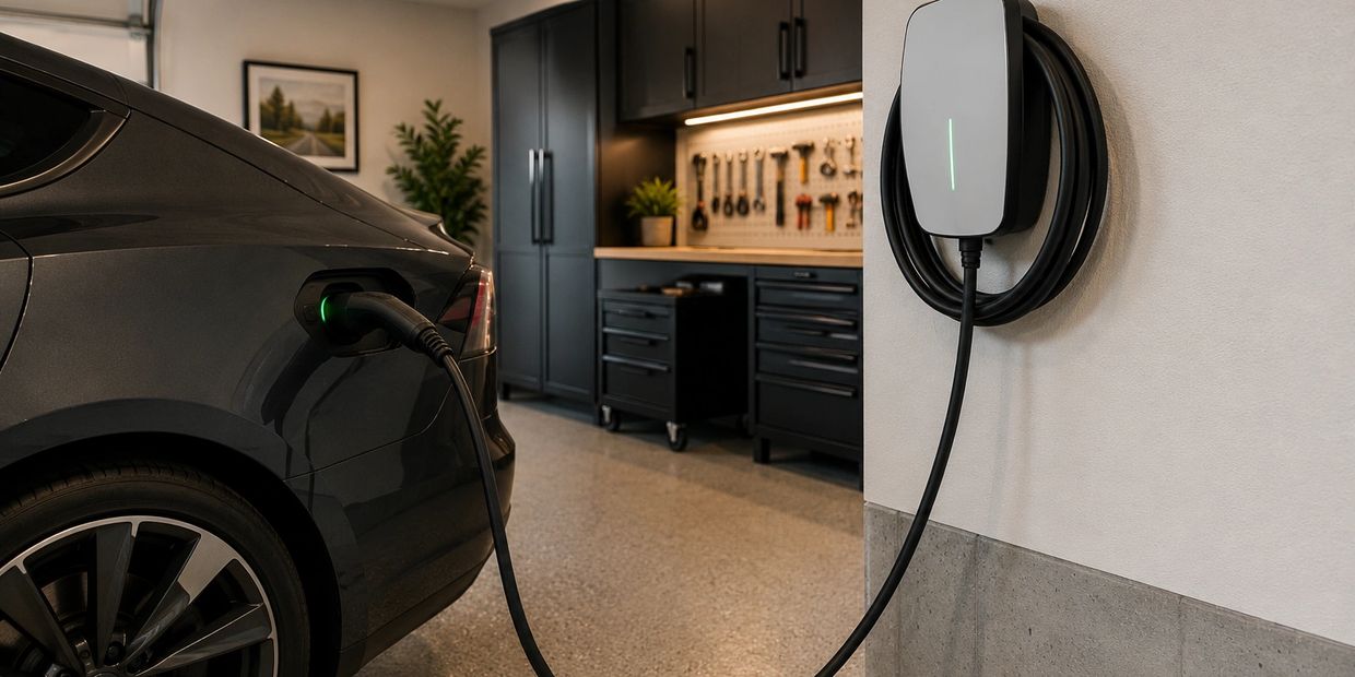 Electric car charging in a modern garage with organized tools.
