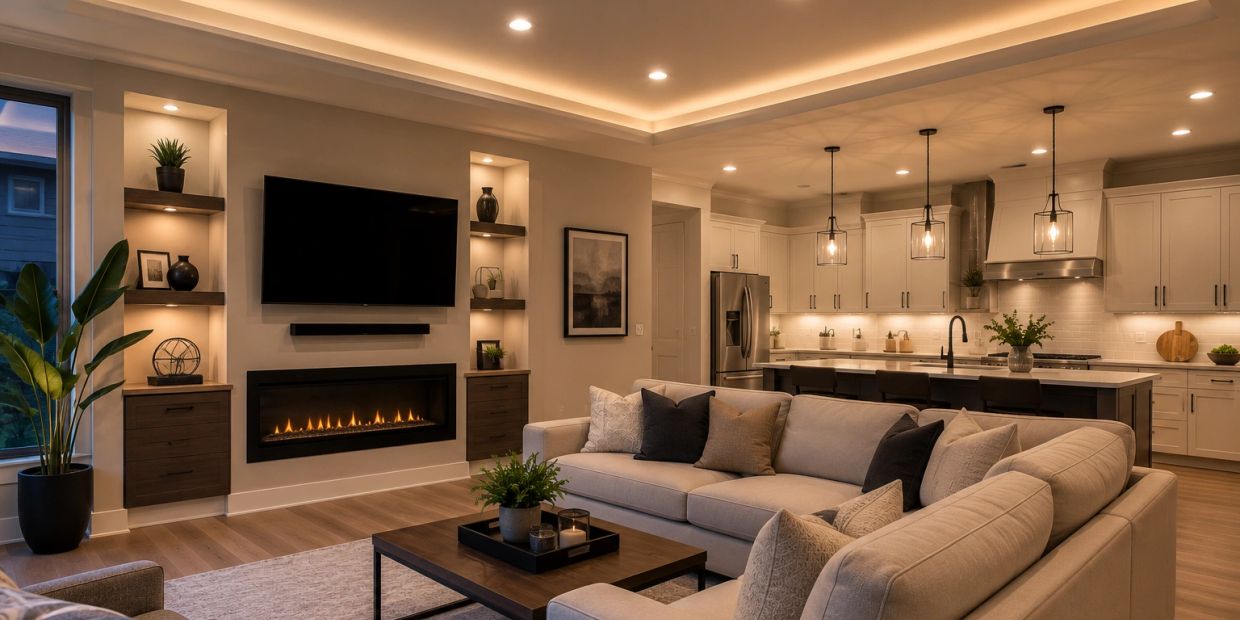 Cozy modern living room with fireplace and open kitchen.