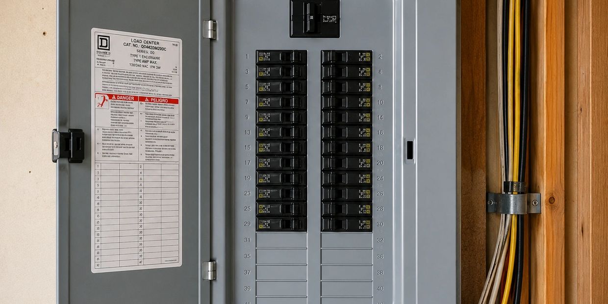 A residential electrical breaker panel with switches and connected wires.
