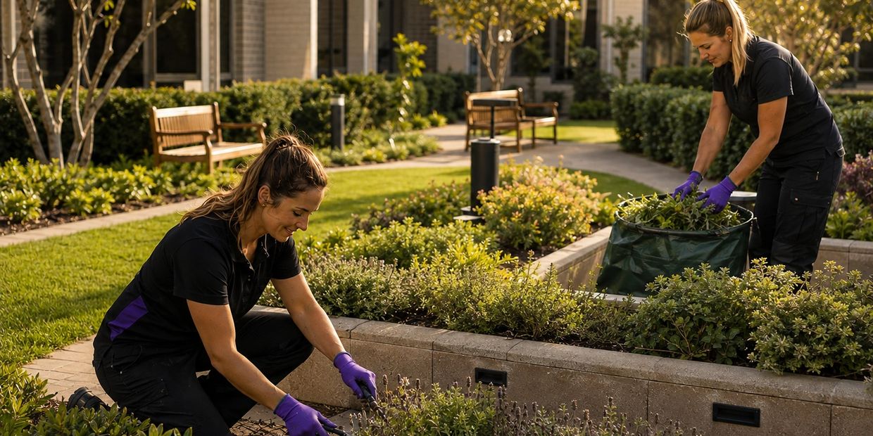 Perth Garden Girls gardeners working together to tidy a landscaped garden in Perth’s southern suburb