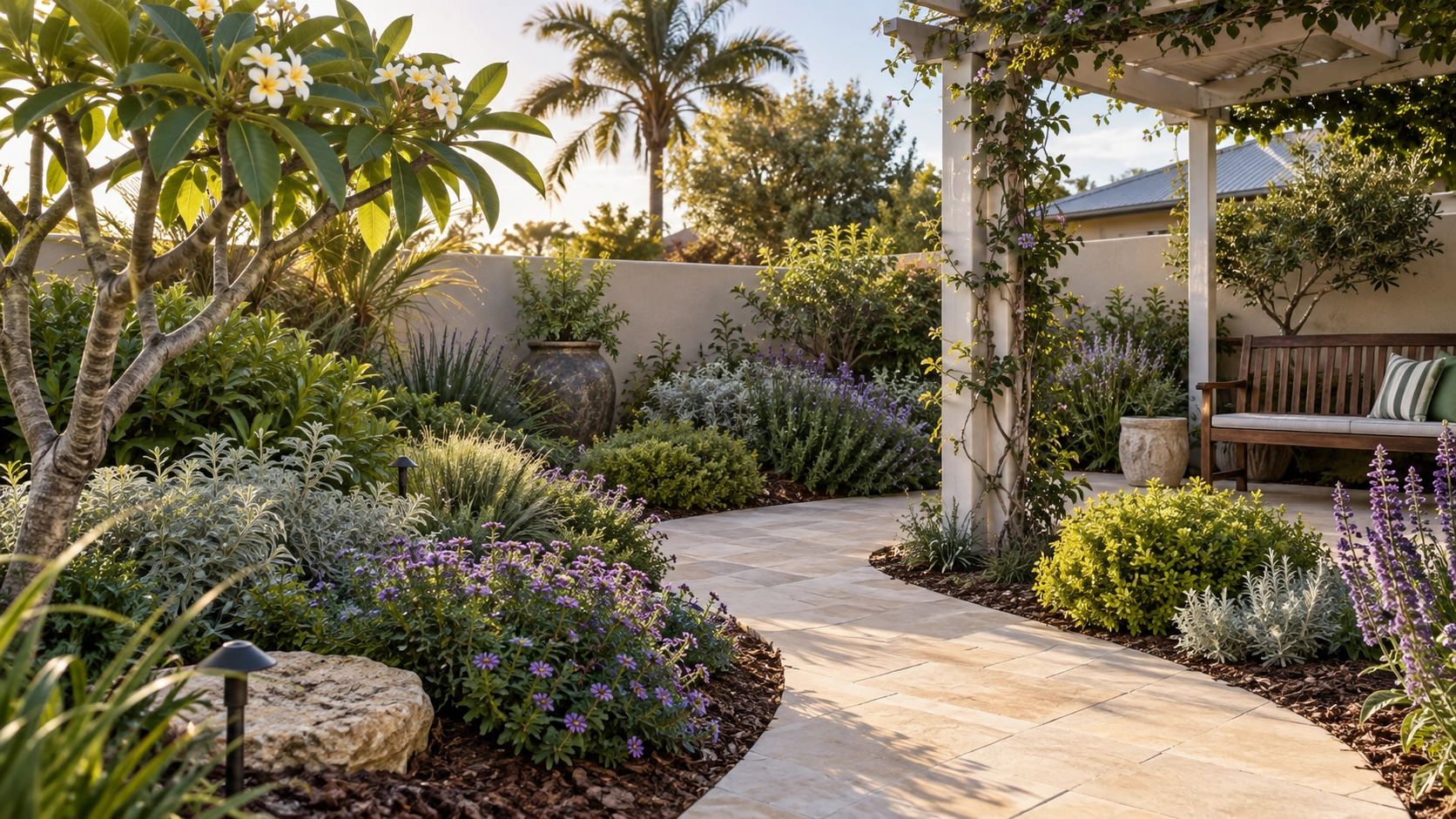 Coastal-style courtyard garden with a frangipani tree, flowering beds and a shaded timber bench.