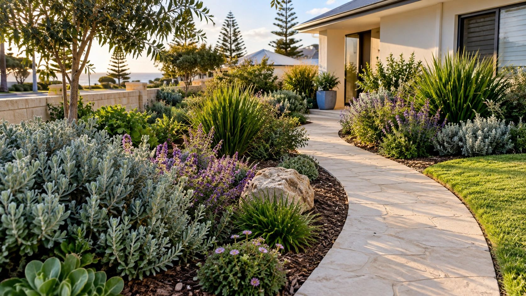 Coastal-style front garden with a limestone path, silver foliage and purple flowers.