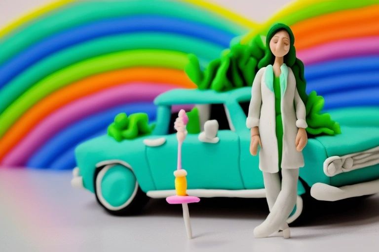 Playdough mobile dental hygienist in white scrubs beside turquois car with rainbow background