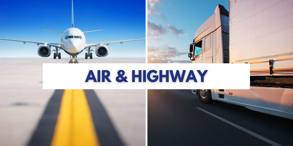 A plane on the runway a truck on the highway carrying packages packed per IATA and 49CFR regulations