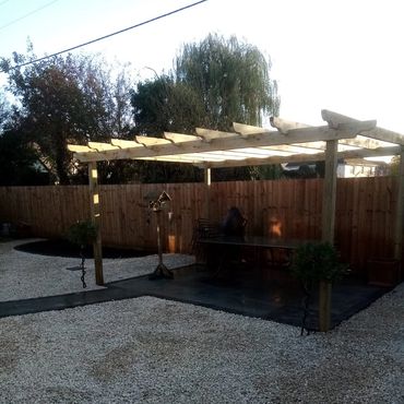 Wooden pergola made and installed by Bms landscape & driveways finished with nice patio area