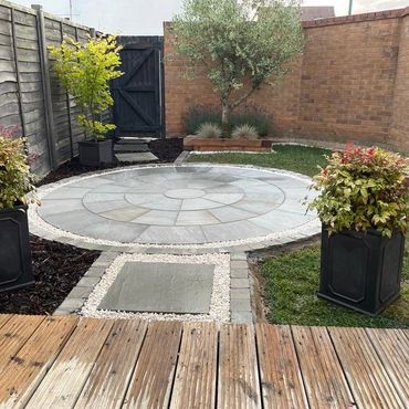 Backyard garden with wooden deck and stone patio.