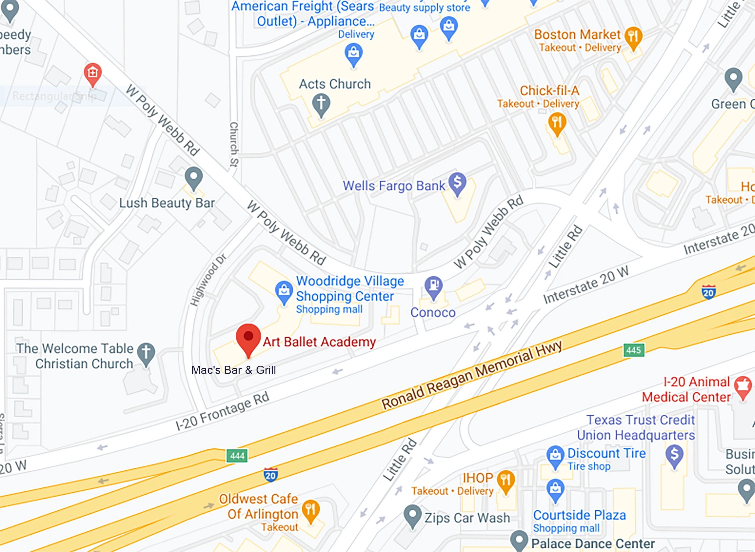Map location of Art Ballet Academy in Arlington TX DFW best dance studio
