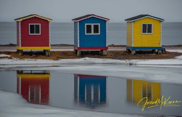 Colourful sheds brighten a dull winter day in Cavendish, Newfoundland and Labrador