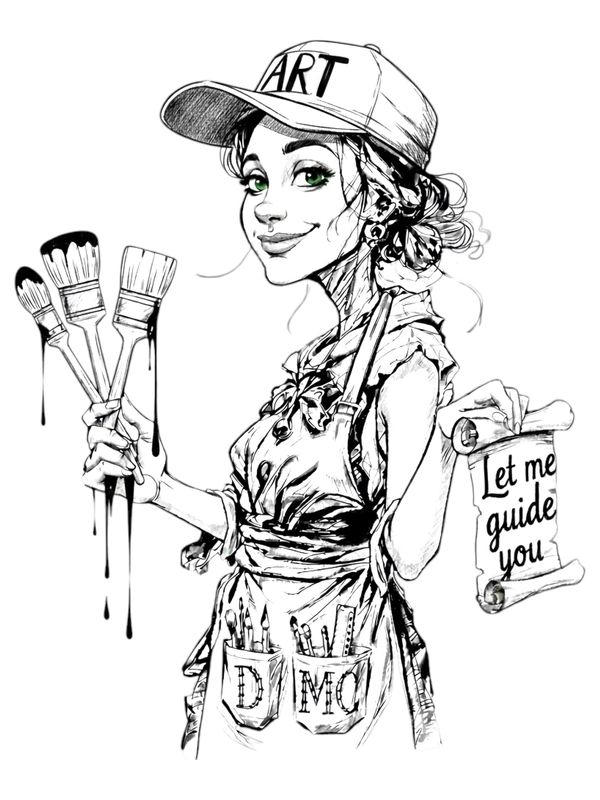 Artistic woman holding paintbrushes and a scroll.