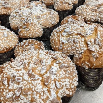 Close-up of fresh almond-topped cakes dusted with powdered sugar.