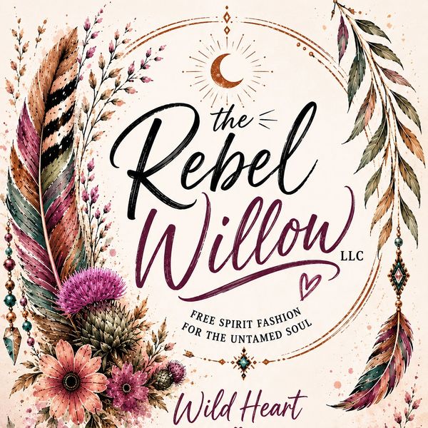 Bohemian-style logo with feathers, flowers, and inspirational text.