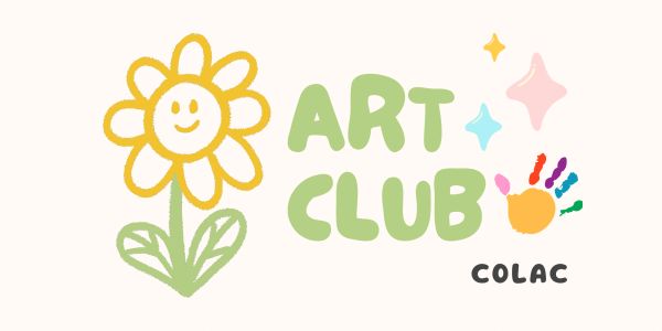 Colorful logo for Art Club Colac with flower and handprint.
