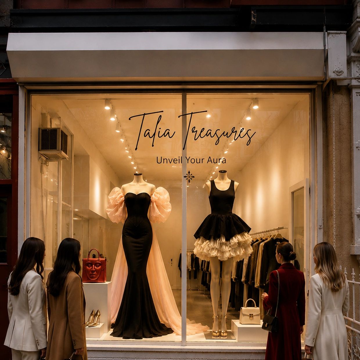Four women admire elegant dresses inside the High Society Shopping Salon where emerging designers display and sell their items inside a high traffic area in manhattan in a luxury massive elegant boutique