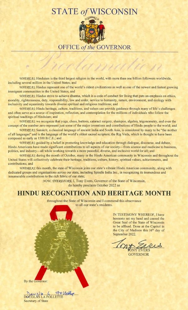 Wisconsin declared Hindu recognition & heritage month - October 2022