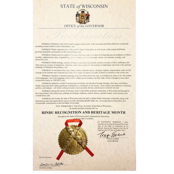 First time, Wisconsin declared Hindu recognition & heritage month - October 2021