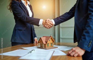 Two professionals shaking hands over a table with a model house and documents.