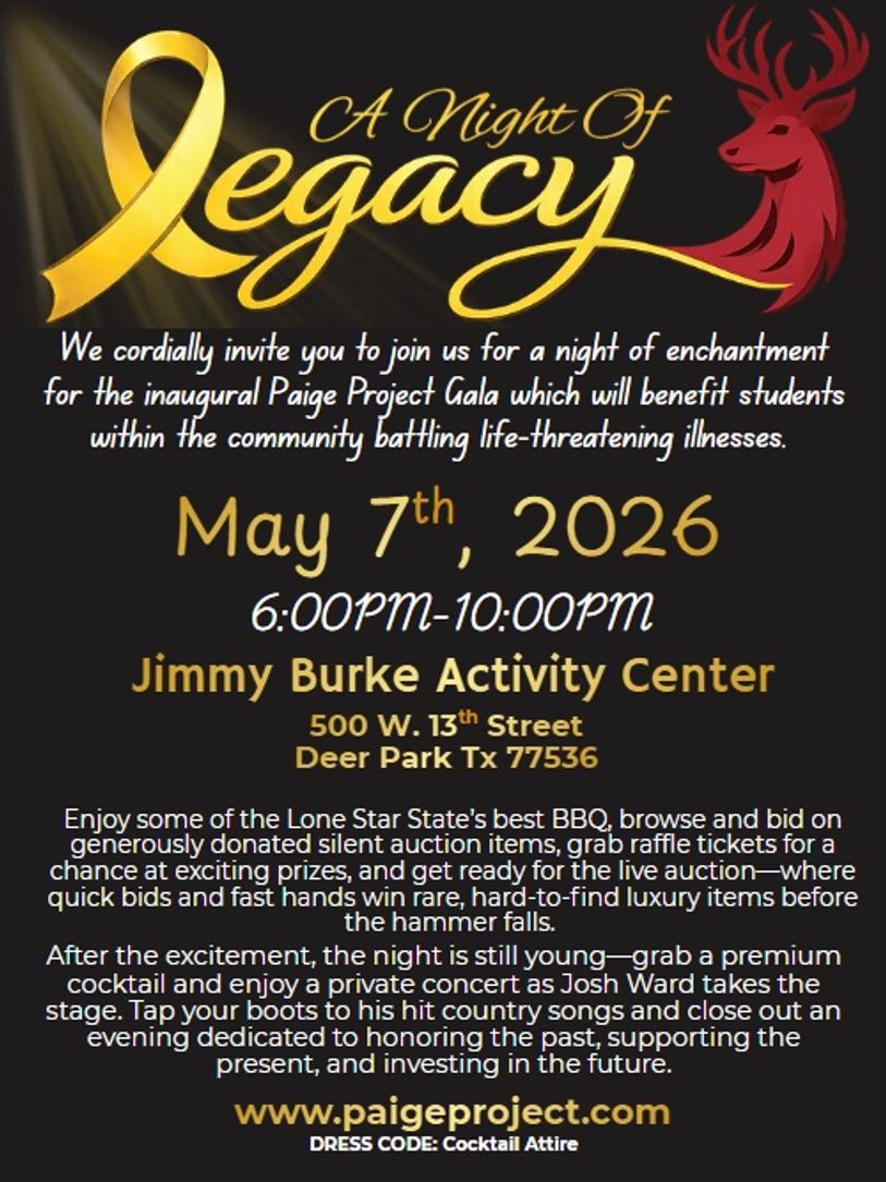 Invitation to 'A Night of Legacy' gala benefiting students with life-threatening illnesses, May 7, 2026, at Jimmy Burke Activity Center.