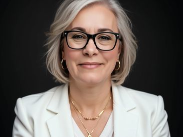 Lisa Fitzgerald wearing a white blazer and white shirt with a black background.