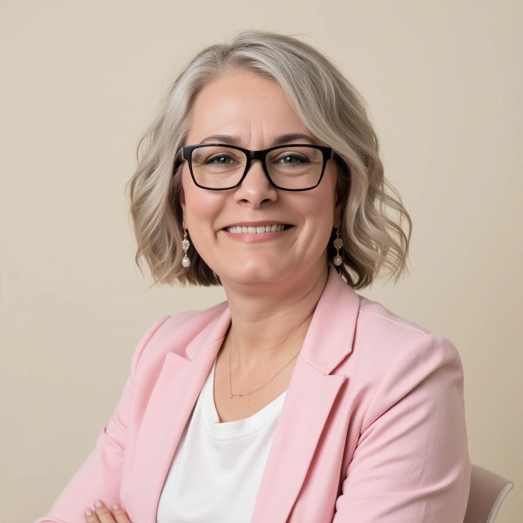Lisa Fitzgerald sitting in a chair while wearing a pink blazer and white shirt.