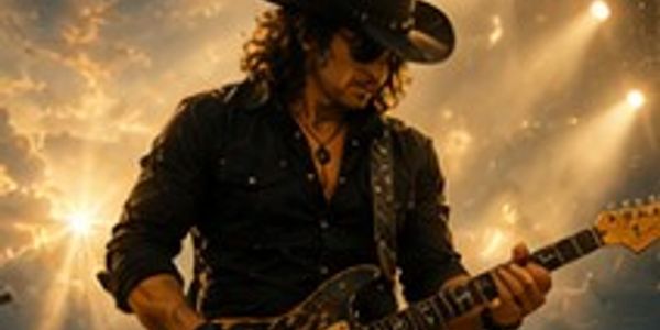 A musician passionately playing electric guitar on stage with dramatic lighting.