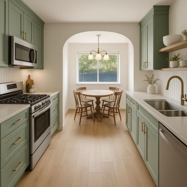 Modern kitchen with green cabinets and a cozy dining nook by the window.