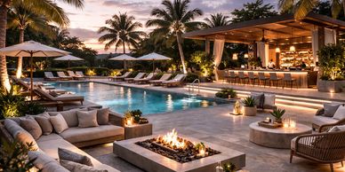 Luxurious outdoor pool area with cozy seating, fire pit, and poolside bar at sunset.