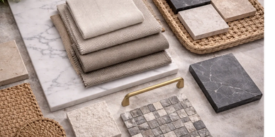 Neutral-toned fabric swatches, tile samples, and a brass handle on a textured surface for interior design.