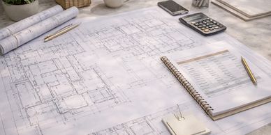 Architectural blueprints and tools on a workspace with coffee and smartphone.