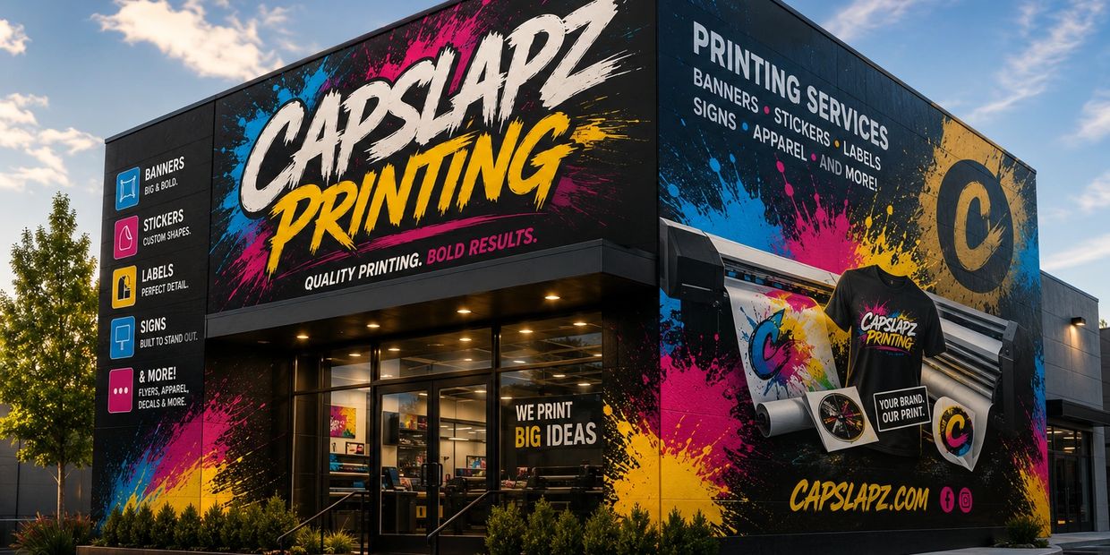 Exterior of Capslapz Printing store with colorful signage.