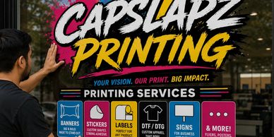 Man interacting with CapSlapz Printing window advertising printing services.