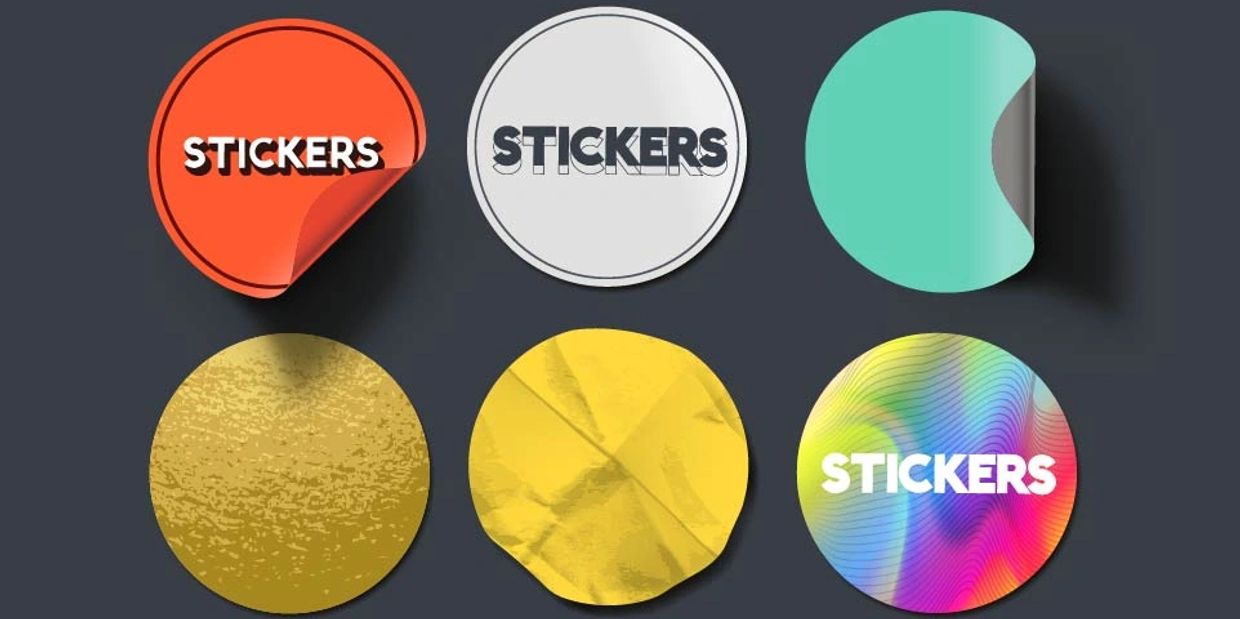 Various round stickers with different textures and colors.
