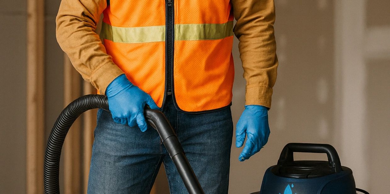Construction worker vacuuming with safety gear indoors.