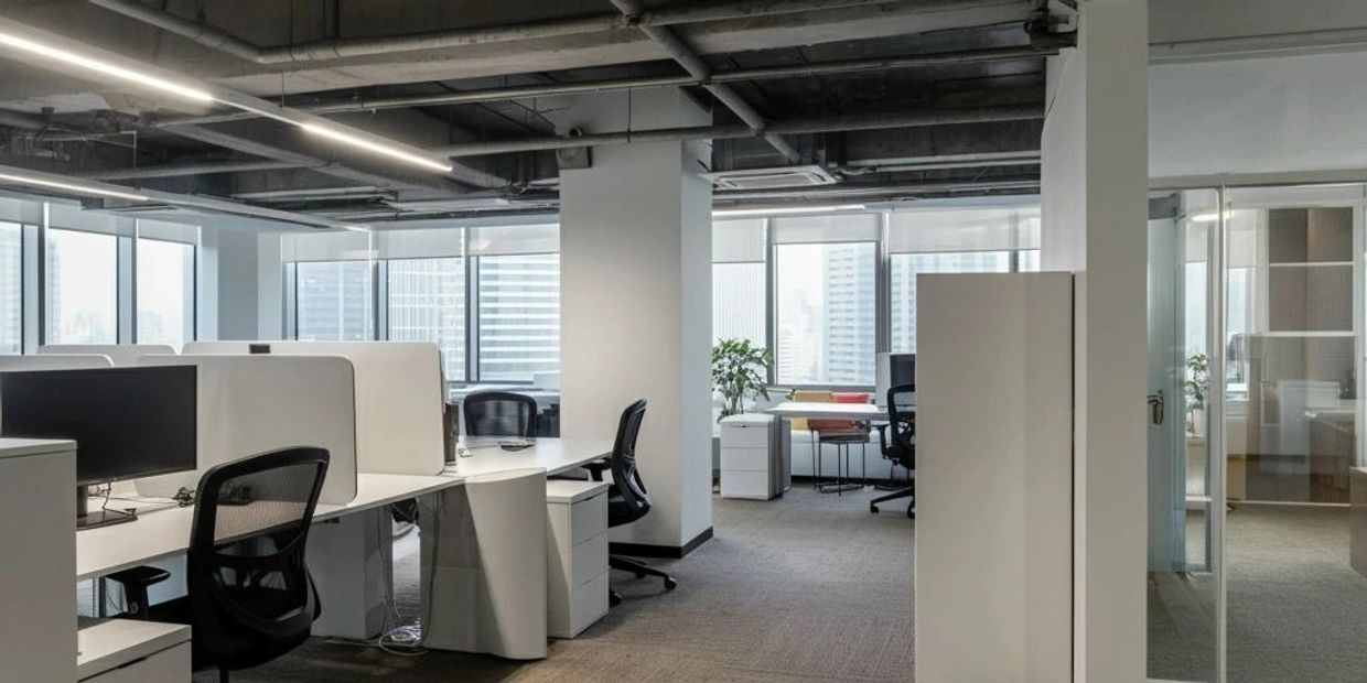 Modern office space with desks, chairs, and large windows.