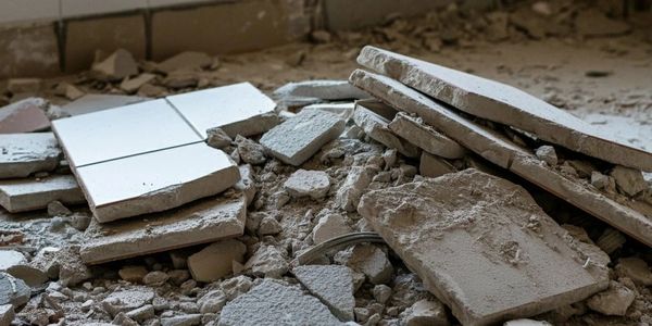 Broken floor tiles scattered on a dusty surface during renovation.