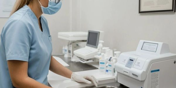 A healthcare professional wearing gloves and a mask working in a clinical lab.
