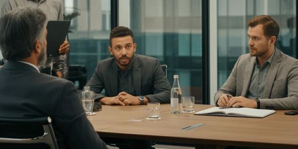 Four men in a business meeting in a modern office with glass windows.