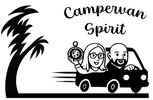 Cartoon of a happy couple driving a campervan with a palm tree and 'Campervan Spirit' text.