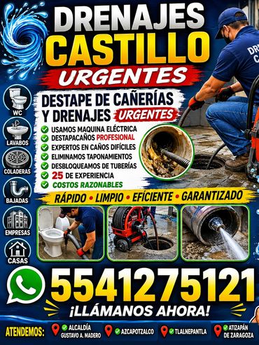 Servicio urgente de destape y drenaje con equipo profesional y experiencia.