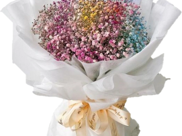 A colorful bouquet of baby's breath flowers wrapped in white paper.
