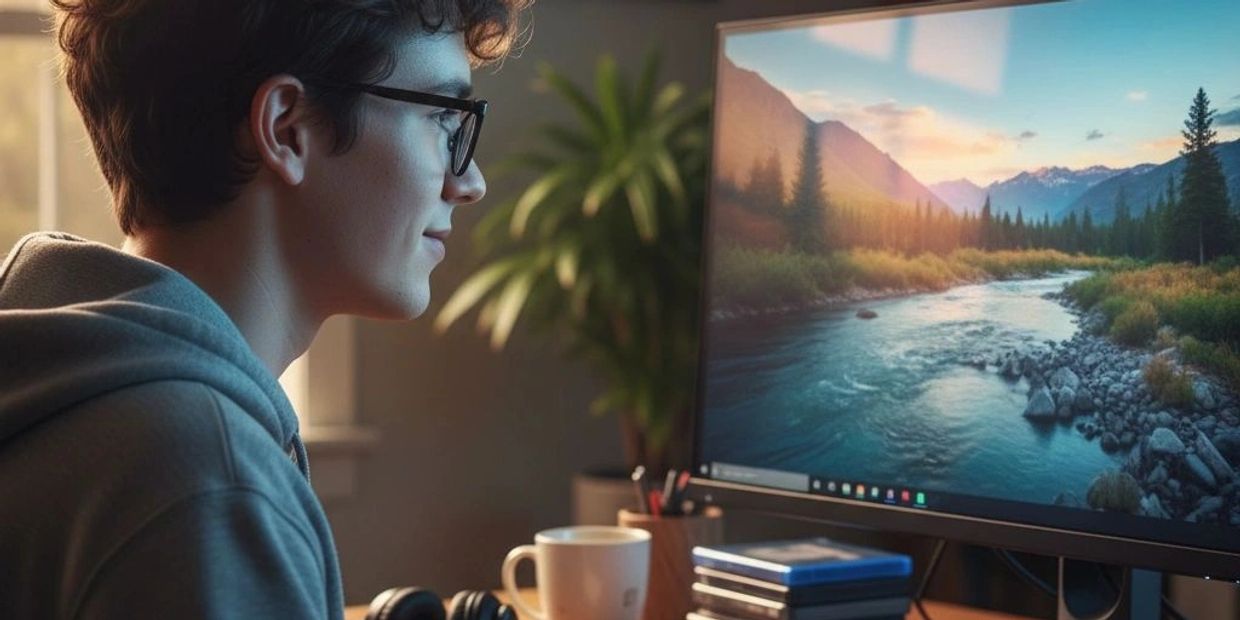 A young man intently watches a scenic mountain river on his computer screen.