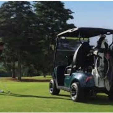 Golf cart on a green golf course with golf bags attached.