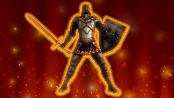 A glowing medieval knight in armor with sword and shield against a fiery background.